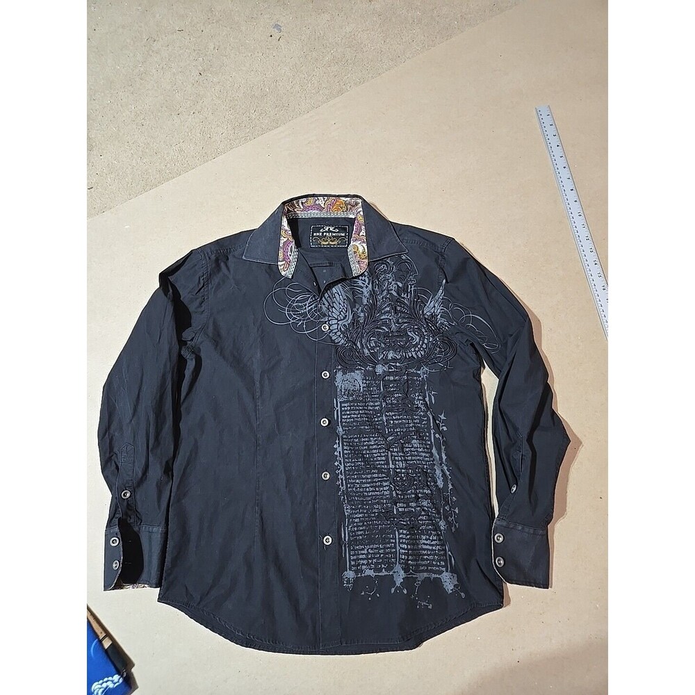 Rnz Premium Mens Button‎ Down Shirt Black Graphic Paisley L Bling Dressy Edgy